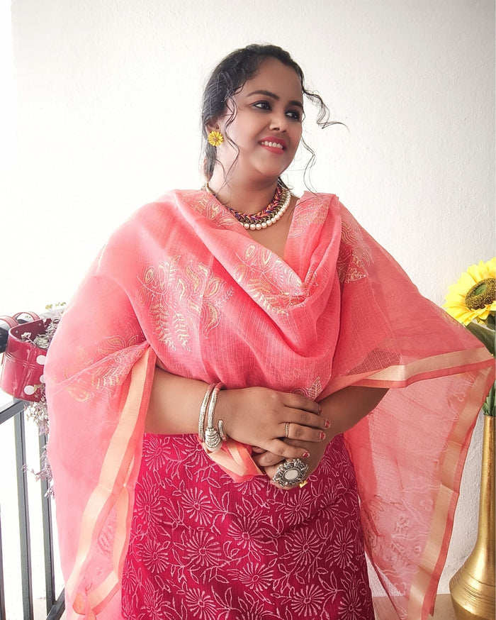 Lovable Kota Doria Embroidered Suit (T+B+D) Material Red With Pink Dupatta