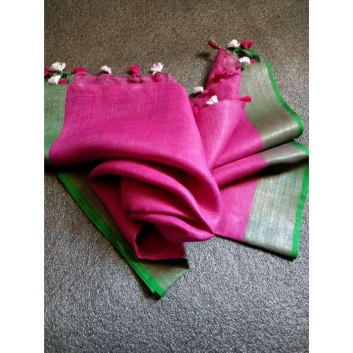 Hand Dyed Pure Linen Pink Dupatta-Indiehaat