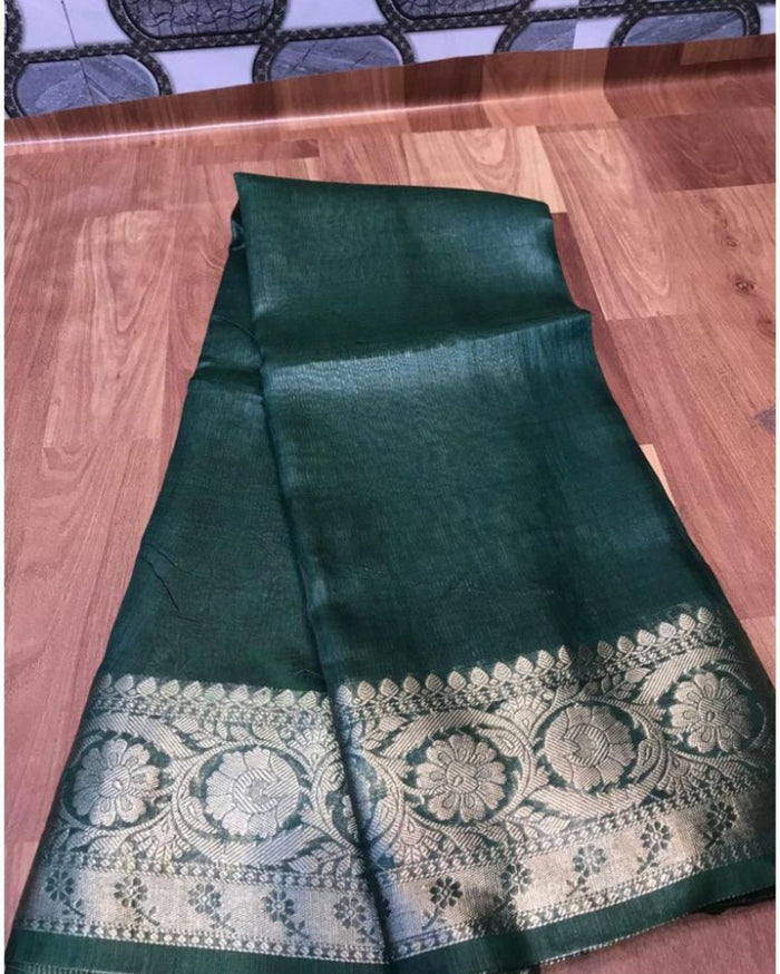 Silk Linen Banarasi Brocade Handloom Darh Slate Gray Saree with Blouse-Indiehaat