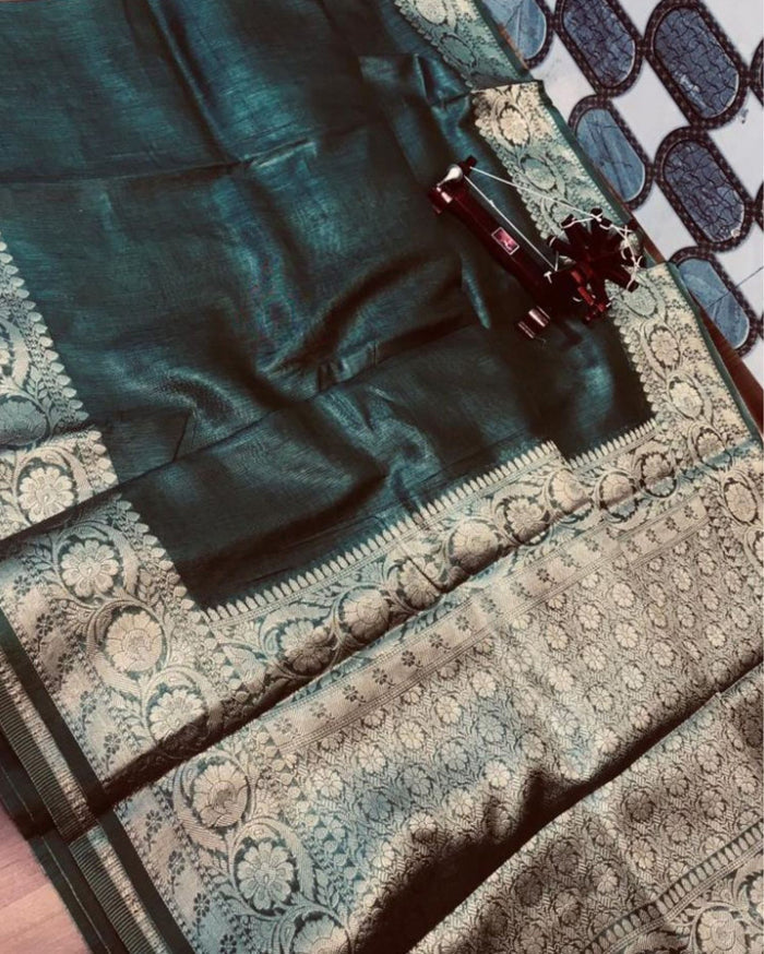 Silk Linen Banarasi Brocade Handloom Darh Slate Gray Saree with Blouse-Indiehaat