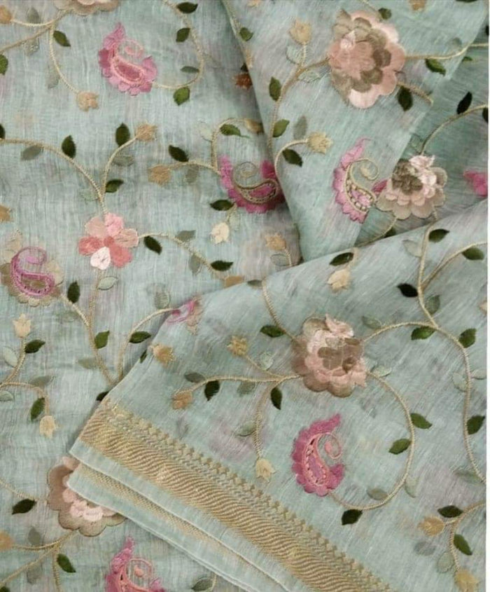 Silk Linen Embroidered Handloom Pista Green Saree with Blouse-Indiehaat