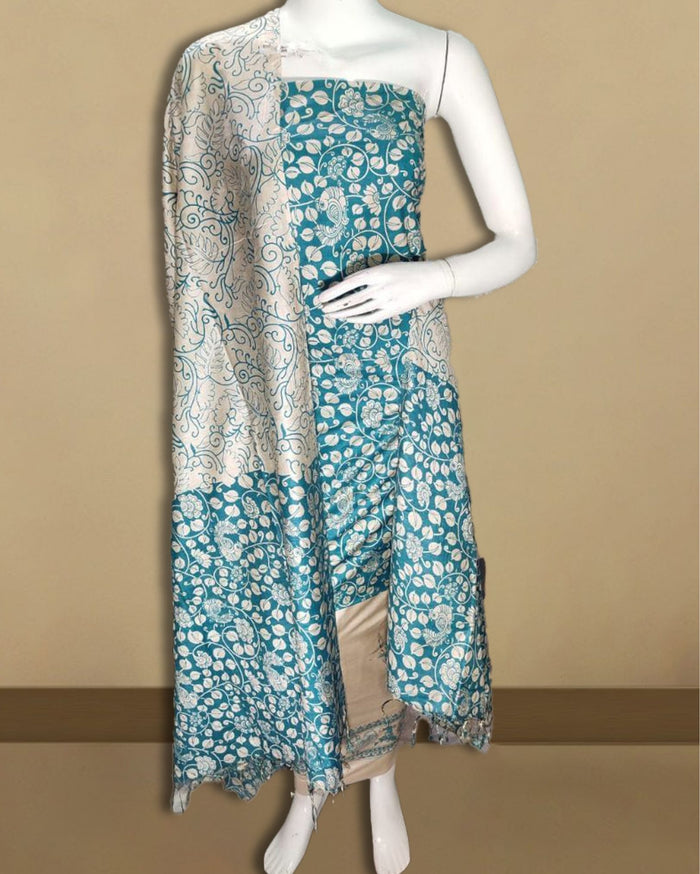 Luminous Katan Silk Kalamkari Blue Suit (T+B+D)