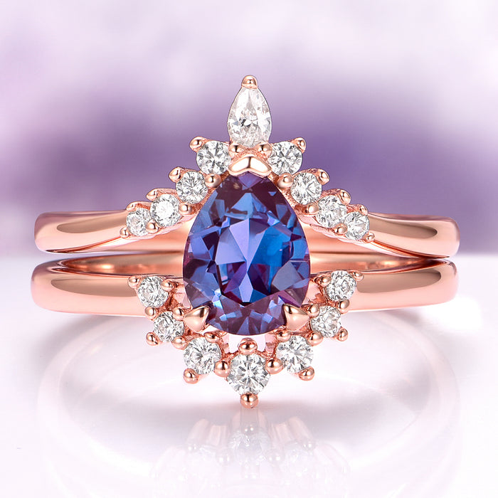Lunette Teardrop Alexandrite Ring Set in 14K Rose Gold Vermeil by Aquamarise featuring a pear-shaped alexandrite center and diamond accents from Rose Gold Vermeil Rings and June Birthstone Jewelry collections.