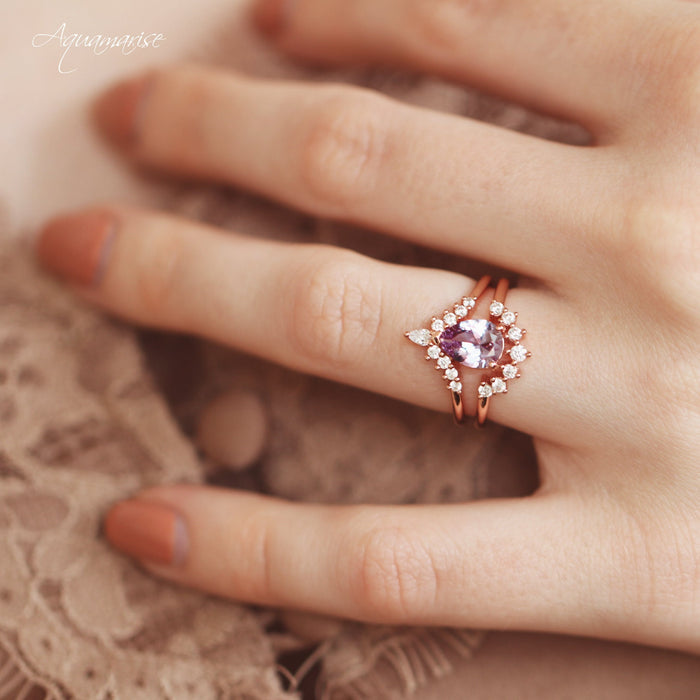 Lunette Teardrop Alexandrite Ring Set in 14K Rose Gold Vermeil by Aquamarise featuring a heart-shaped alexandrite center and delicate diamond accents on a rose gold vermeil band.