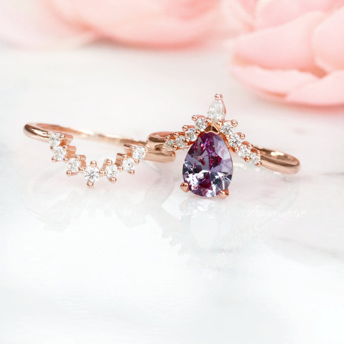 Lunette Teardrop Alexandrite Ring Set in 14K Rose Gold Vermeil by Aquamarise featuring a pear-shaped alexandrite and diamond accents on elegant rose gold vermeil bands.