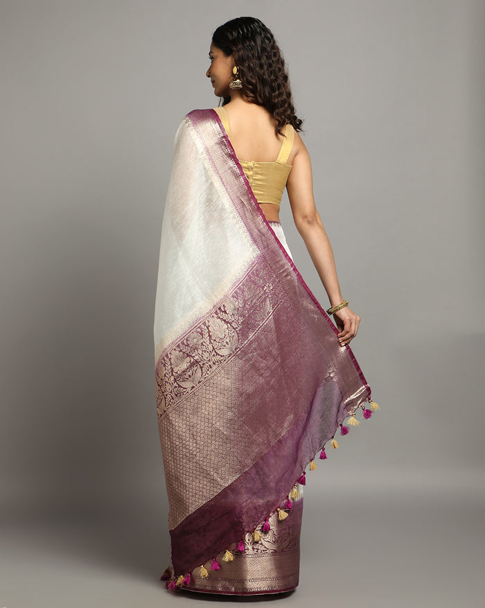 Silk Linen Banarasi Brocade Weaving Handloom White Saree with Blouse-Indiehaat