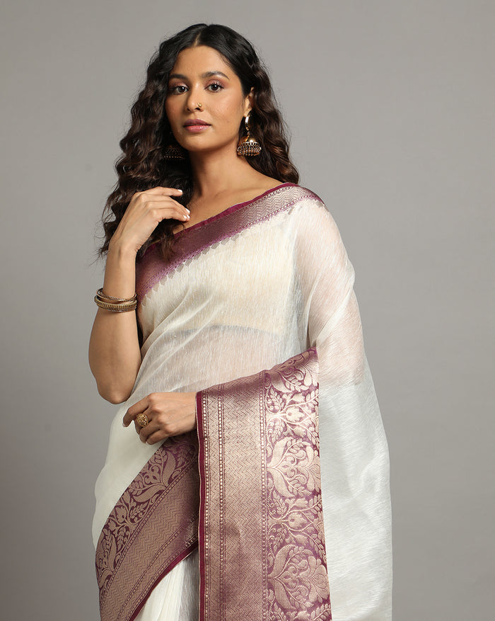 Silk Linen Banarasi Brocade Weaving Handloom White Saree with Blouse-Indiehaat