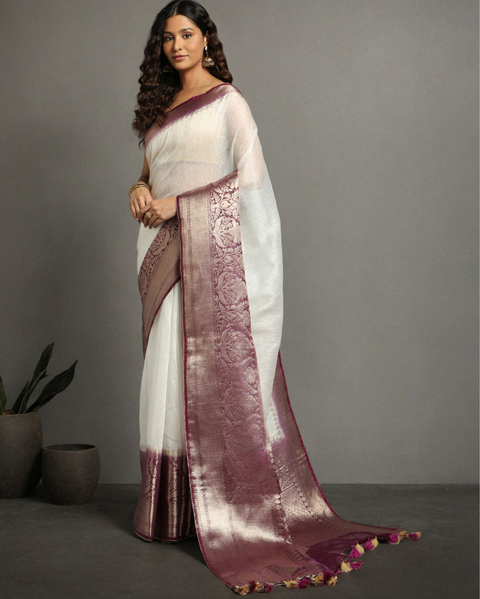 Silk Linen Banarasi Brocade Weaving Handloom White Saree with Blouse-Indiehaat