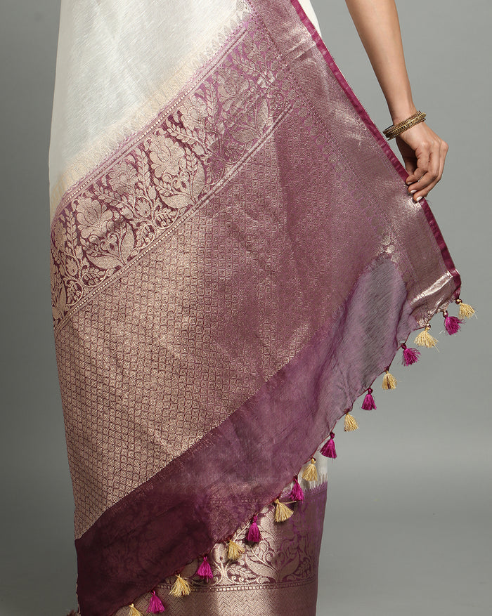Silk Linen Banarasi Brocade Weaving Handloom White Saree with Blouse-Indiehaat