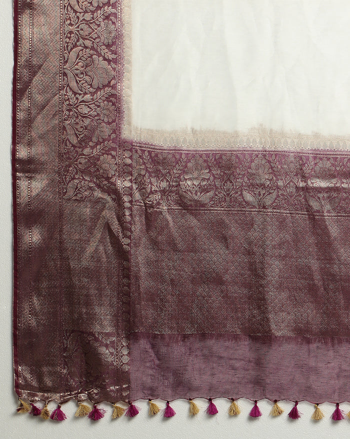Silk Linen Banarasi Brocade Weaving Handloom White Saree with Blouse-Indiehaat