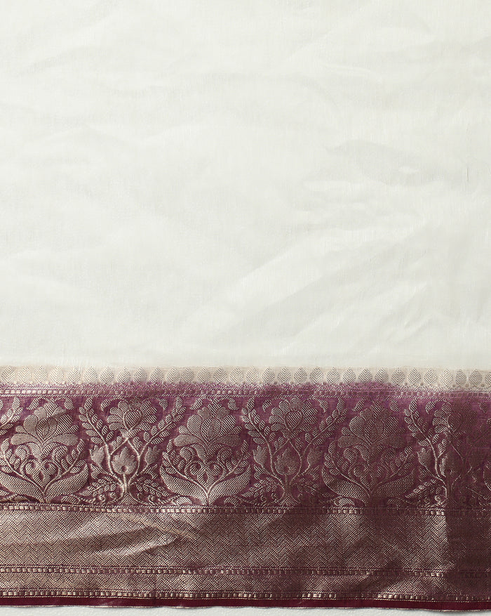 Silk Linen Banarasi Brocade Weaving Handloom White Saree with Blouse-Indiehaat