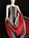 Kota Doria Black and Red Suit Material Handblock Printed with Zari Border Dupatta-Indiehaat