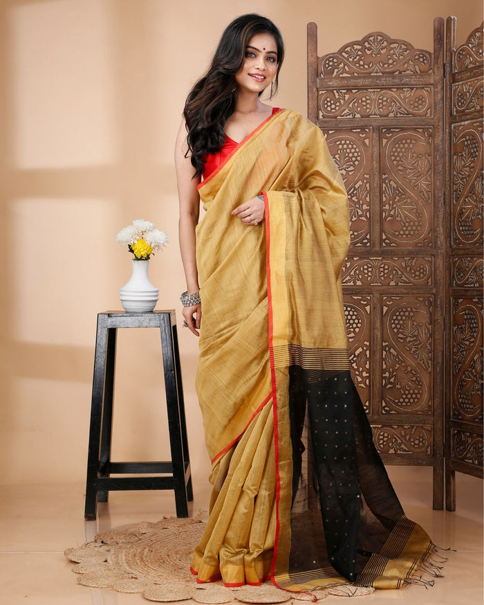 Indiehaat | Resam Silk Yellow Saree Handloom Weaving