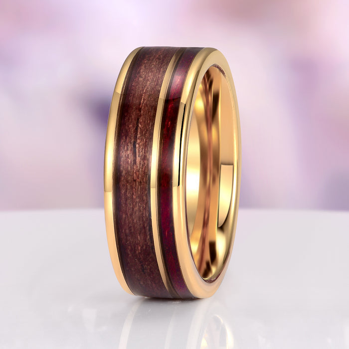 M1 Garand & Purpleheart Wood Wedding Band in Gold Tone Tungsten Carbide (8mm) by Aquamarise, featuring a polished gold tone tungsten carbide band with contrasting rich purpleheart wood and authentic M1 Garand rifle stock wood inlays, part of Men’s Wedding Bands, Gold rings, and Inlay Wedding Bands collections.
