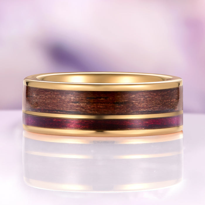 M1 Garand & Purpleheart Wood Wedding Band in Gold Tone Tungsten Carbide (8mm) by Aquamarise, showcasing a polished gold-tone tungsten carbide band with rich M1 Garand rifle stock wood and vibrant purpleheart wood inlays, featured in men's wedding bands, gold rings, and inlay wedding bands collections.