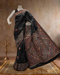 Indiehaat | Madhubani Handpainted Tussar Silk Black Saree