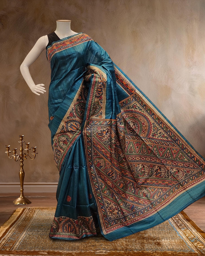 Indiehaat | Madhubani Handpainted Tussar Silk Blue Saree