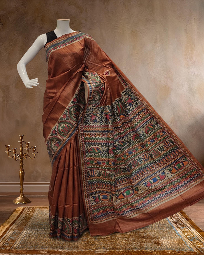 Indiehaat | Madhubani Handpainted Tussar Silk Brown Saree