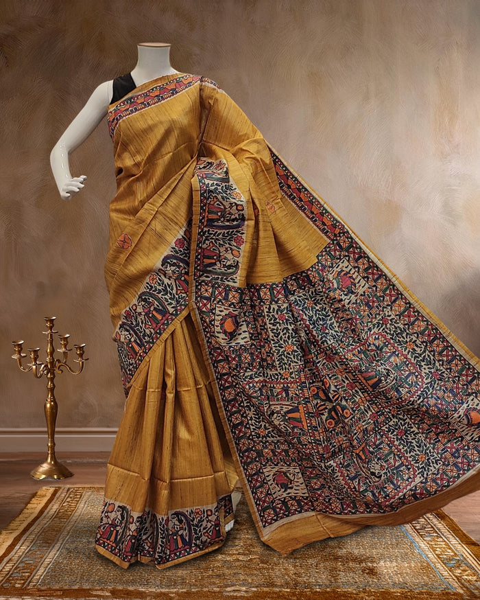 Indiehaat | Madhubani Handpainted Tussar Silk Yellow Saree