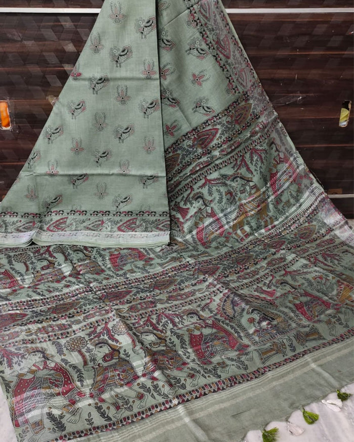 Indiehaat | Slub Linen Madhubani Green Saree