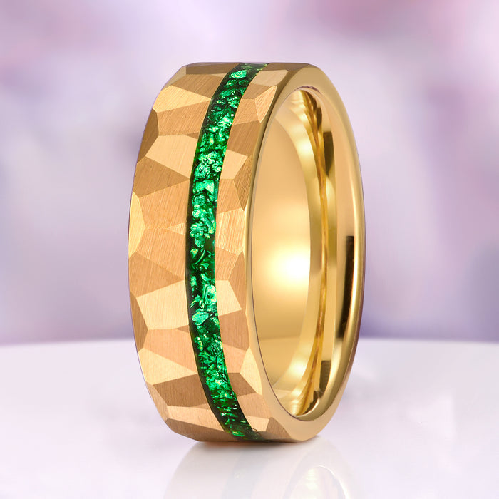 Victoria Vintage Emerald Couples Ring Set featuring a faceted gold band with a green emerald inlay by Aquamarise, showcased as part of matching couples' rings and gemstone jewelry collections.