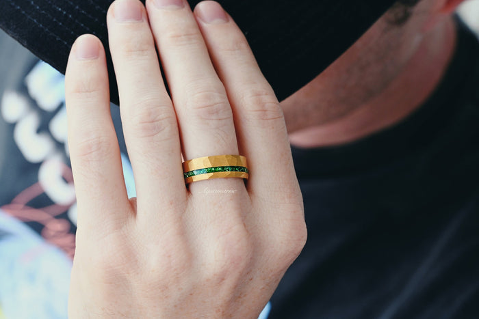 Maeve Emerald Couples Ring Set featuring 925-sterling silver with 14k gold finish and emerald stone, showcased on hand, by Aquamarise from Matching Couples' Rings collection.