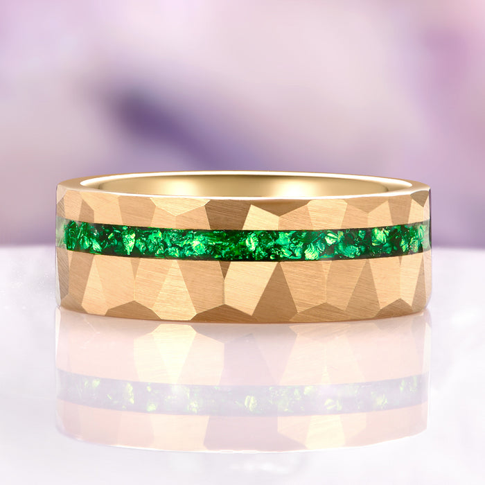 Victoria Vintage Emerald Couples Ring Set by Aquamarise, featuring a hammered gold band with a vivid green emerald inlay, part of Matching Couples' Rings and Emerald Jewelry collections.