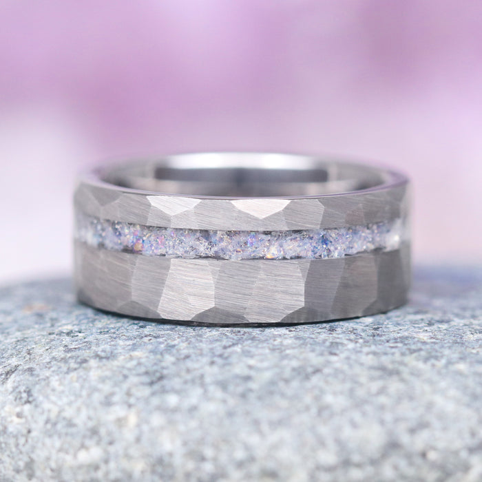 Crushed Moonstone Men's Wedding Band in Silver Tungsten Carbide (8mm), hammered matte band with a sparkling moonstone inlay by Aquamarise