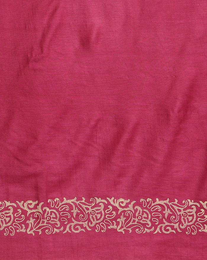 Magenta katan silk unstitched suit set with cream botanical hand block print and a lengthwise printed border on the dupatta