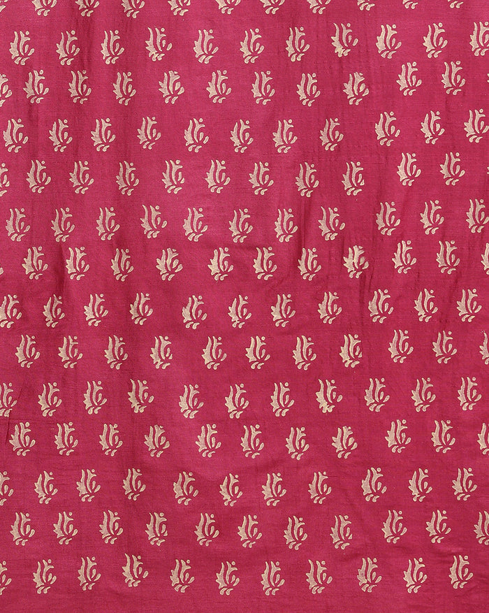 Magenta katan silk unstitched suit set with cream botanical hand block print and a lengthwise printed border on the dupatta