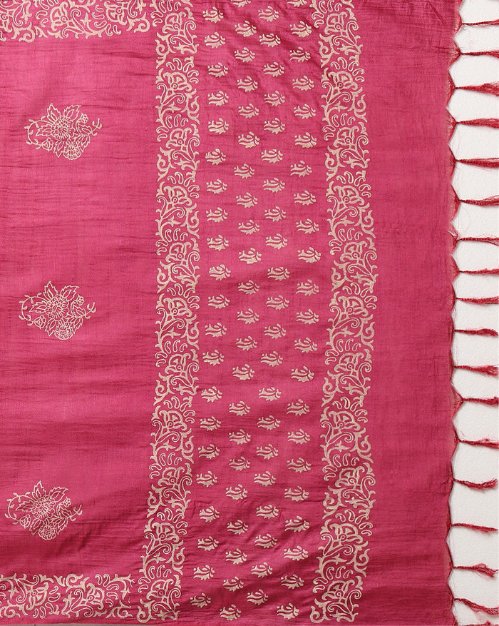 Magenta katan silk unstitched suit set with cream botanical hand block print and a lengthwise printed border on the dupatta