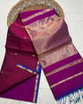 Magenta and purple dual tone Maheshwari silk saree with a large gold banded pallu, handwoven in Maheshwar