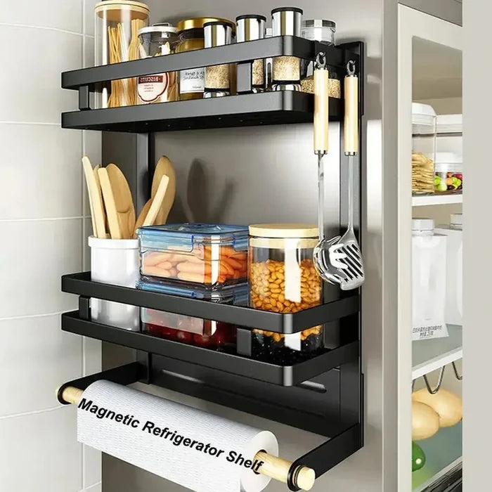 Magnetic refrigerator shelf organizer with two tiers for kitchen storage and easy access to spice jars and utensils.