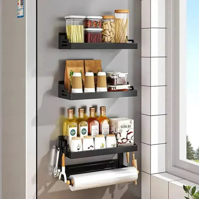 Magnetic refrigerator shelf organizer with spices and condiments.