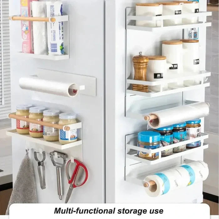 Magnetic refrigerator shelf organizer with two shelves for spices and condiments, maximizing kitchen storage without drilling.