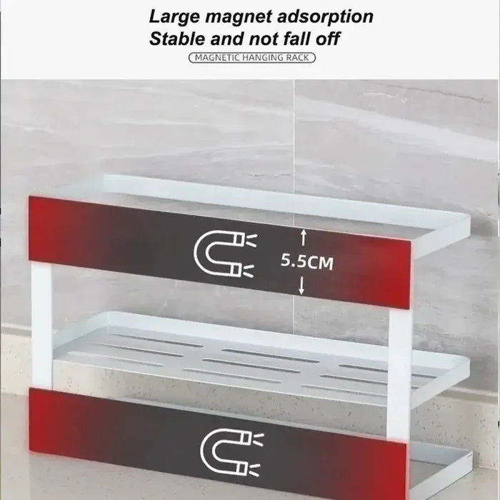 Magnetic refrigerator shelf organizer showing large magnet adsorption and stability for effective kitchen storage.