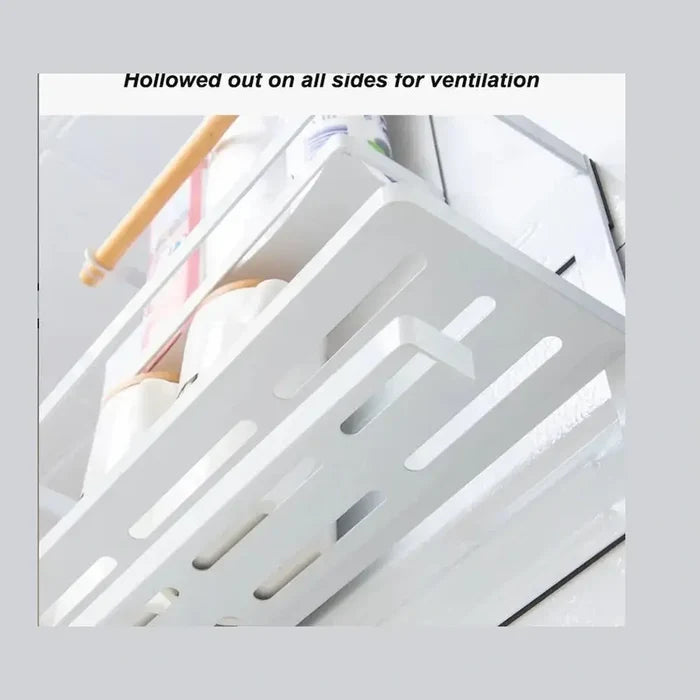 Magnetic refrigerator shelf organizer with ventilation slots for efficient storage.