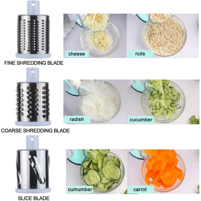 Multifunctional mandoline vegetable slicer showing fine, coarse shredding blade and slice blade with cheese, nuts, radish, cucumber, carrot.