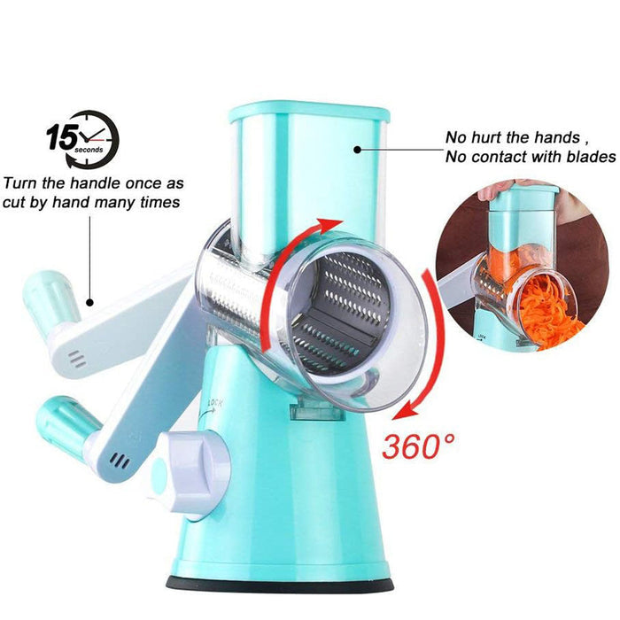 Mandoline vegetable slicer featuring 360° rotation for easy vegetable and cheese cutting, ensuring safe use without blade contact.