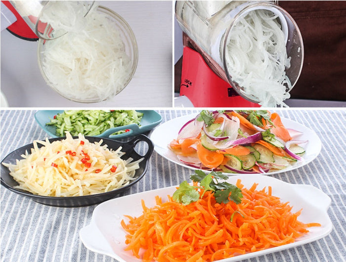 Mandoline vegetable slicer creating various vegetable slices for salads, showcasing easy food preparation in the kitchen.