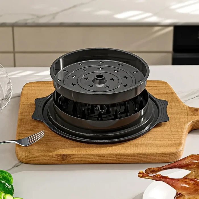 Manual meat shredder for chicken and beef on a wooden cutting board, perfect for easy meat preparation.