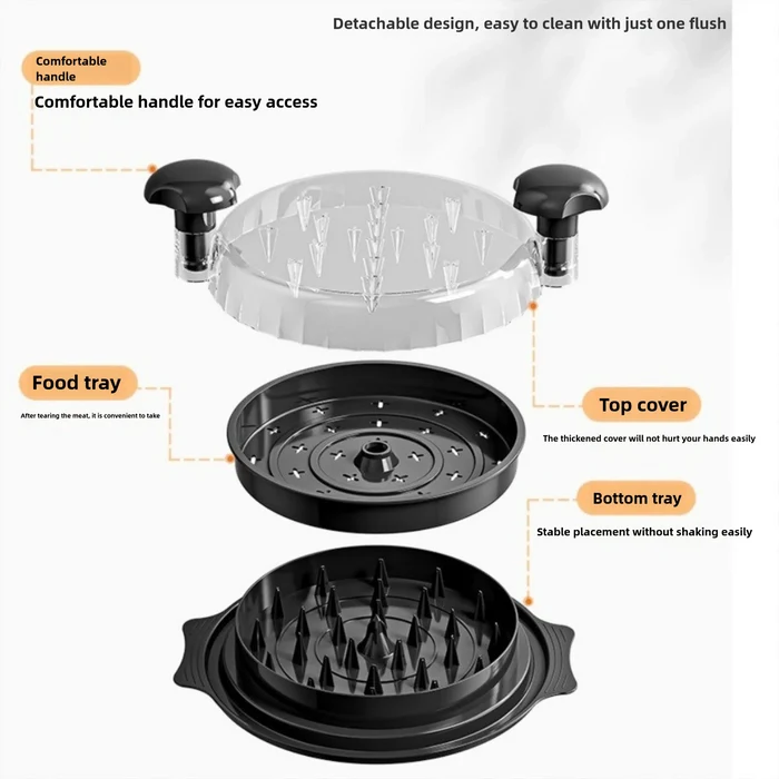 Detachable design of manual meat shredder for chicken and beef with comfortable handle and food trays for easy use.