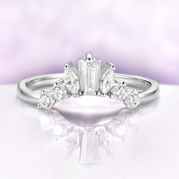 Marquise & Baguette Diamond Curved Wedding Band in 14K White Gold by Aquamarise Gold, featuring a vintage-inspired mixed-cut diamond cluster on a curved solid gold band.