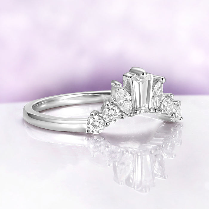 Marquise & Baguette Diamond Curved Wedding Band in 14K White Gold by Aquamarise Gold, featuring a vintage mixed-cut diamond cluster on a curved solid gold band.