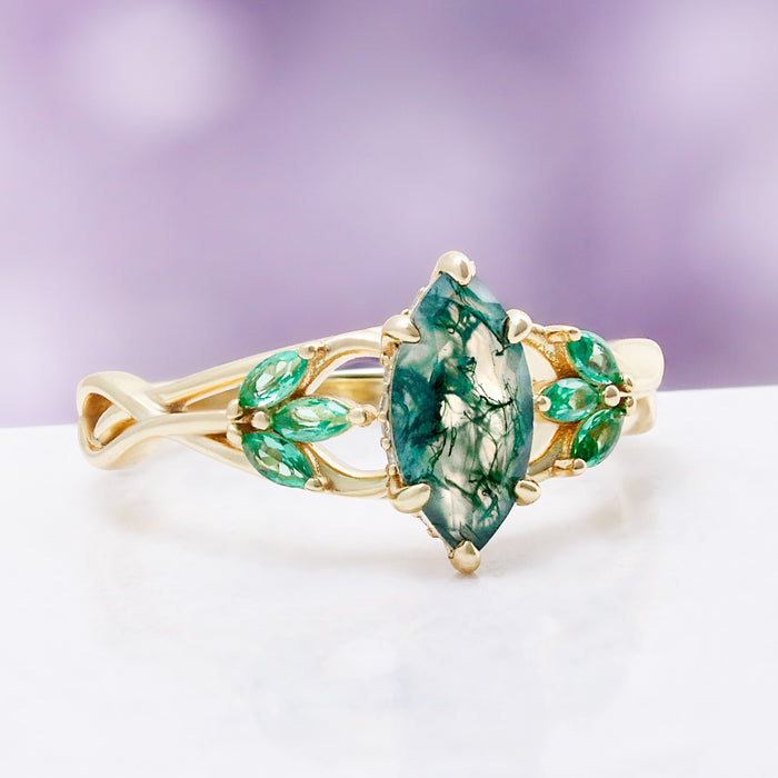 Marquise Celtic Knot Moss Agate Ring by Aquamarise, side profile view