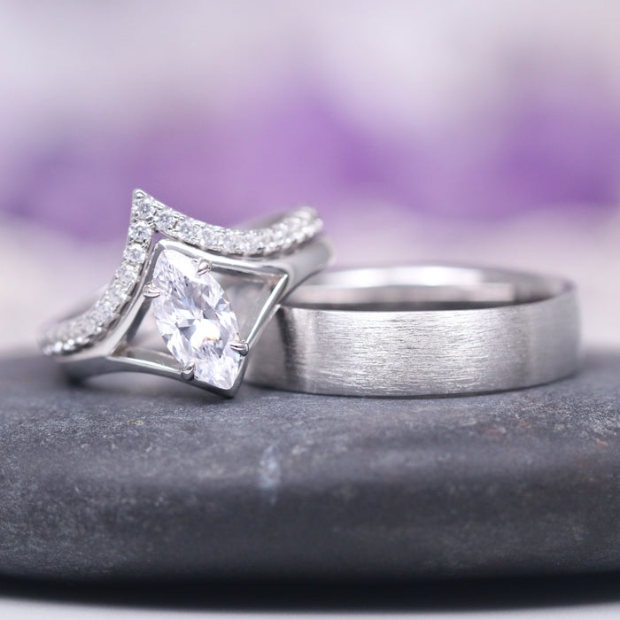 Marquise Cut Lab-Grown Diamond Engagement Ring Set in 14K White Gold (IGI Certified) by Aquamarise Gold, featuring a marquise-cut diamond with chevron diamond accents paired with a brushed white gold band, perfect for meaningful gifts and special occasions.