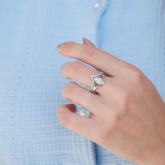 Marquise Cut Lab-Grown Diamond Engagement Ring Set in 14K White Gold (IGI Certified) by Aquamarise Gold, showcasing a marquise diamond with chevron diamond accents on a white gold band, featured as an elegant, ethically crafted engagement ring.