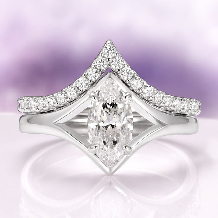 Marquise Cut Lab-Grown Diamond Engagement Ring Set in 14K White Gold (IGI Certified) by Aquamarise Gold, featuring a marquise-cut center diamond with a chevron diamond-accented band, part of Solid Gold Engagement Rings and April Birthstone Jewelry collections.