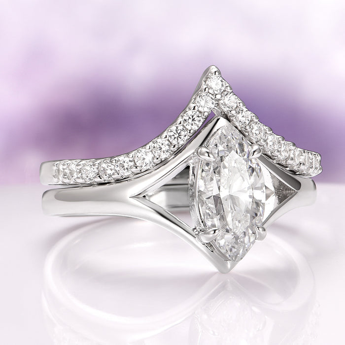 Marquise Cut Lab-Grown Diamond Engagement Ring Set in 14K White Gold (IGI Certified) by Aquamarise Gold, featuring a marquise diamond centerpiece with a chevron-shaped diamond-accented band, part of Solid Gold Engagement Rings and April Birthstone Jewelry collections.