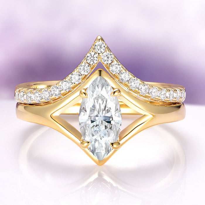 Marquise Cut Lab-Grown Diamond Engagement Ring Set in 14K Solid Yellow Gold (IGI Certified) by Aquamarise Gold, featuring a chevron-shaped diamond band paired with a marquise-cut center diamond, part of Solid Gold Engagement Rings and April Birthstone Jewelry collections.